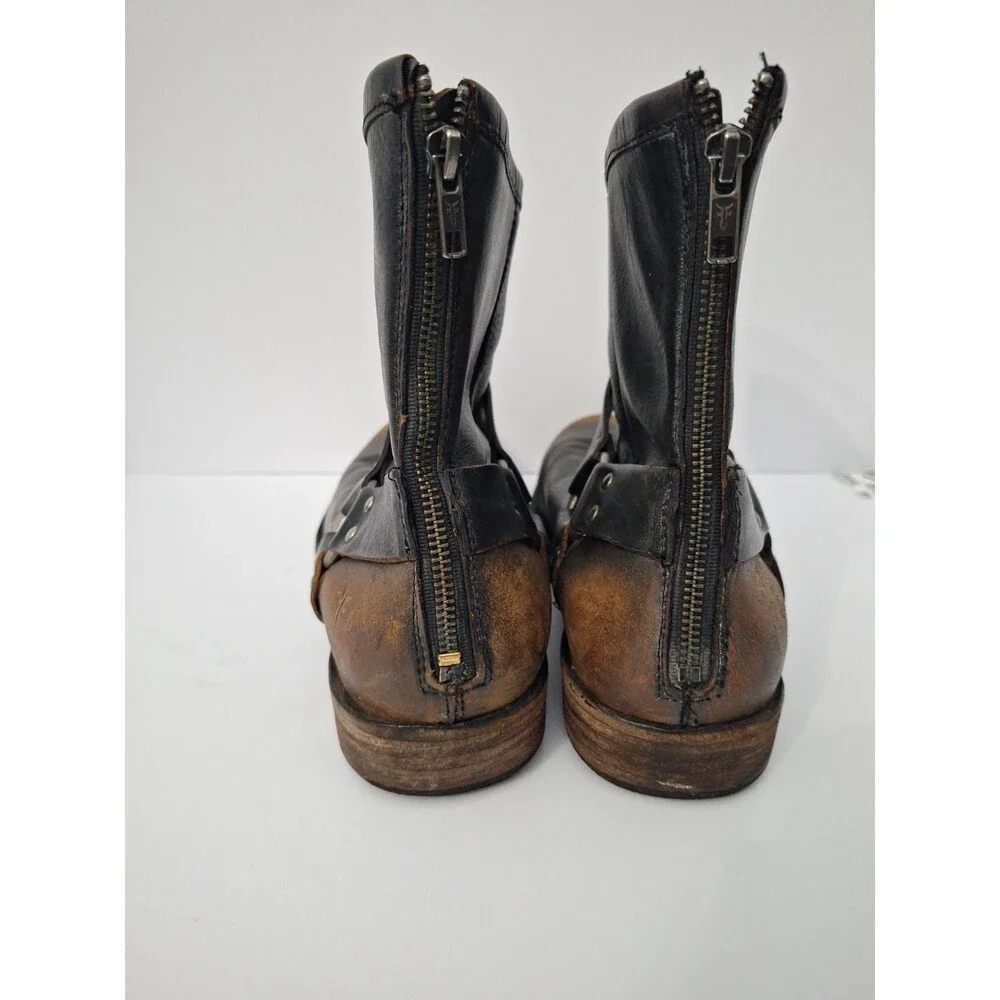 Vtg Frye Antiqued Black Leather Motorcycle Harness Boot Ankle Zip Up Mens 13 D